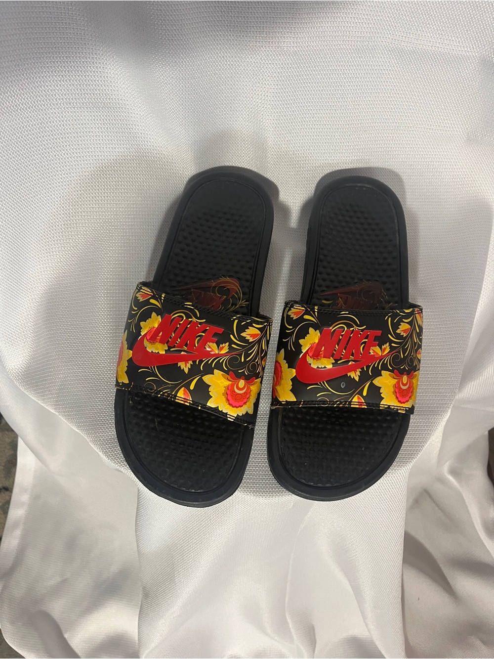 Nike Black Slides with Red Logo and Yellow Floral Strap